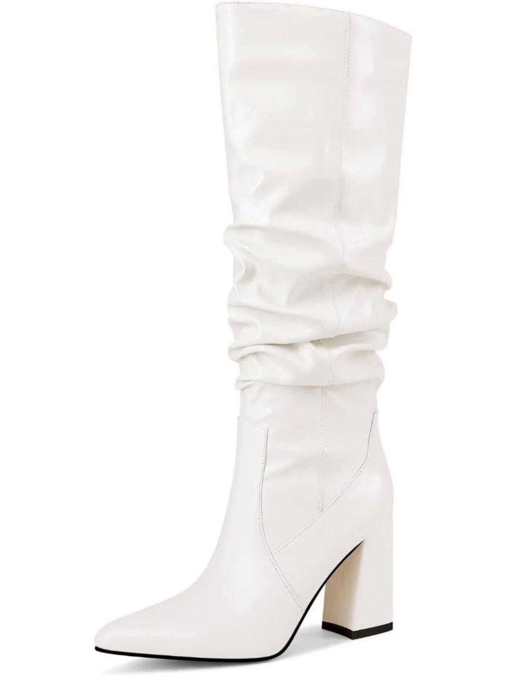 Women's White Pointed Toe Chunky Block Heel  Fashion Slouchy Knee High Boots